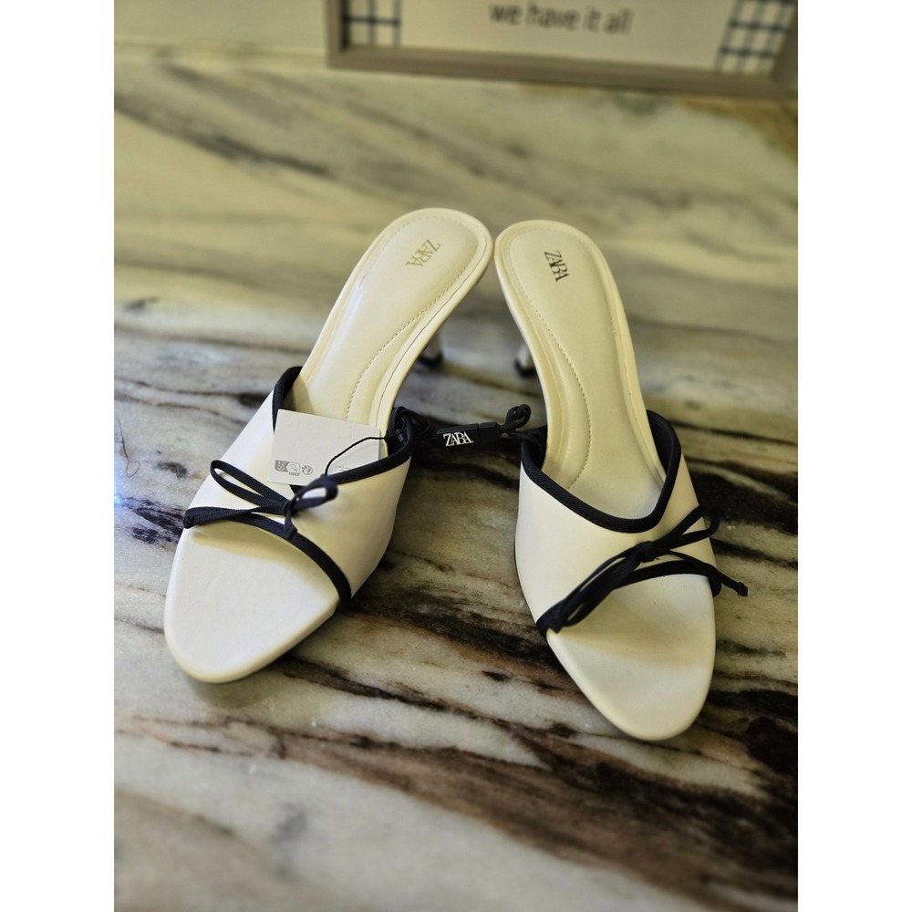 Zara Women Cream Black Bow Kitten Heel Mules Pointed Open Toe Shoes Size 38‎ NEW